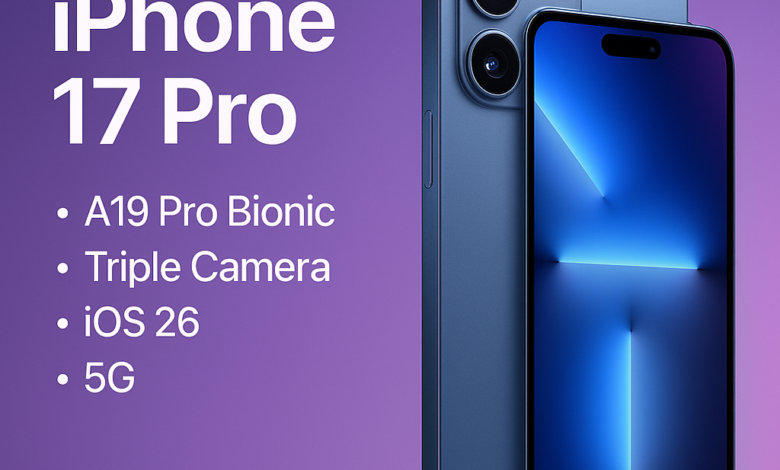 Front and back view of iPhone 17 Pro with bold text highlighting A19 Pro Bionic, triple camera, iOS 26, and 5G on a purple gradient background.